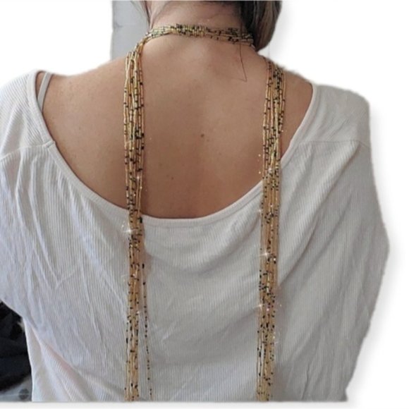 Vintage Jewelry - Vintage 90s Long Gold Toned Beaded Drop Necklace/Sash Accessory- Multi-Use